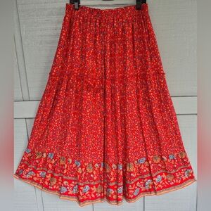 Tiered Red/Coral A-Line Maxi Skirt with Floral Accents XL Boho Hippie Coquette